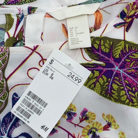 NWT H&M Women's 3/4 Ruffled Sleeve Dress White Multi Floral Botanical Size 6 - Picture 7 of 10